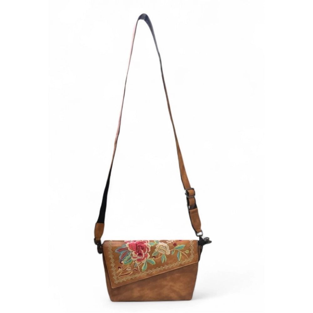 Generic Women's Polyurethane Floral Embroidered Crossbody Sling Bag with Adjustable &amp; Removable Strap (Tan)