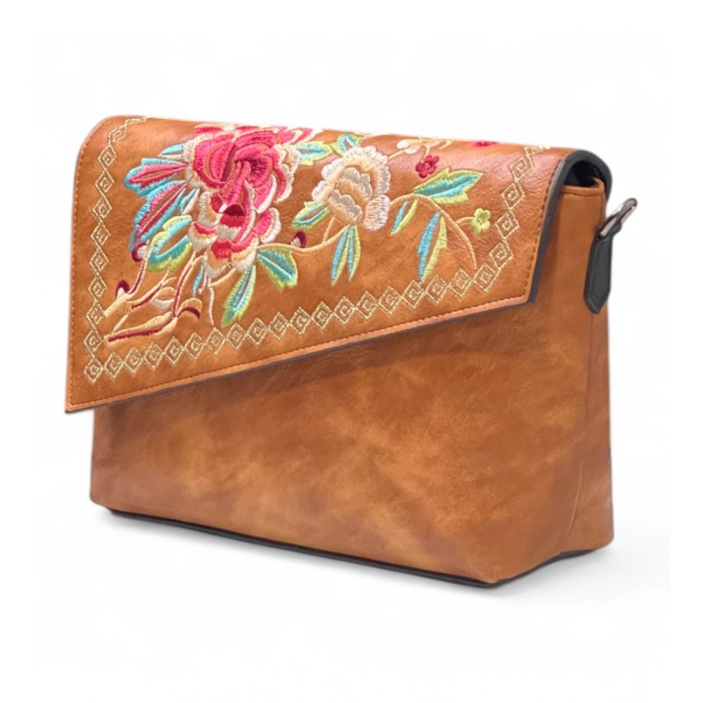 Generic Women's Polyurethane Floral Embroidered Crossbody Sling Bag with Adjustable &amp; Removable Strap (Tan)