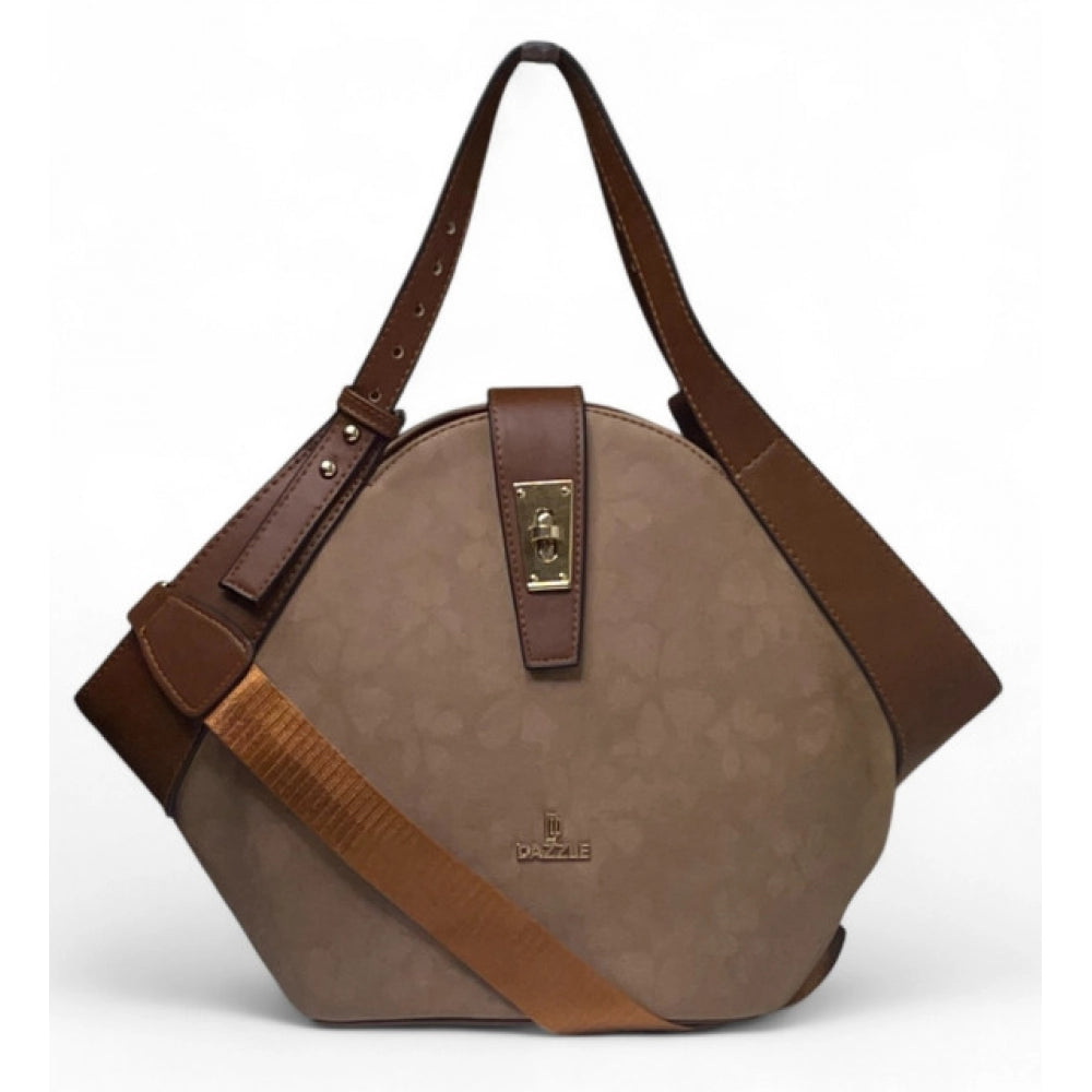Generic Women's Polyurethane Floral Printed Hexagonal Satchel Handbag with Adjustable Strap (Brown)
