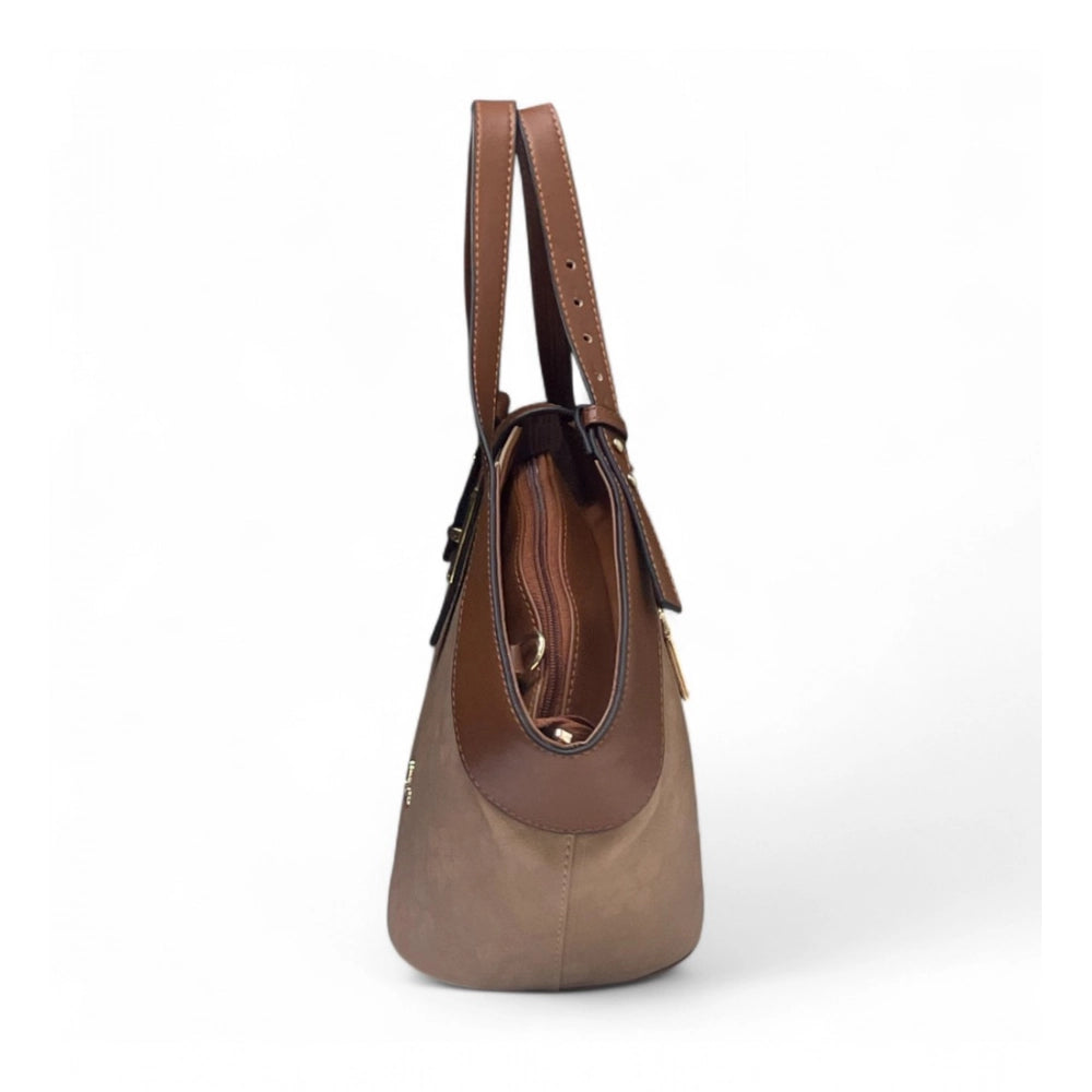 Generic Women's Polyurethane Floral Printed Hexagonal Satchel Handbag with Adjustable Strap (Brown)