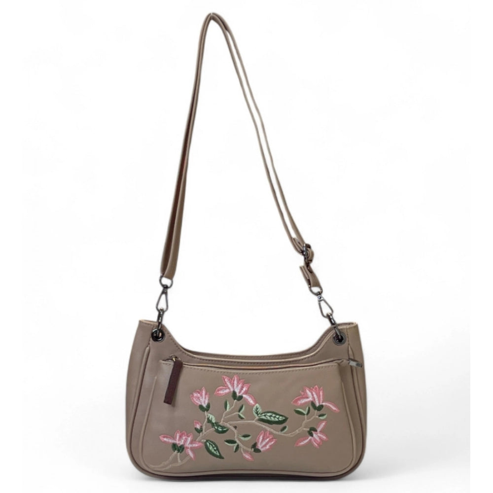 Generic Women's Polyurethane Floral Embroidered Crossbody Sling Bag with Adjustable &amp; Removable Strap (Beige)