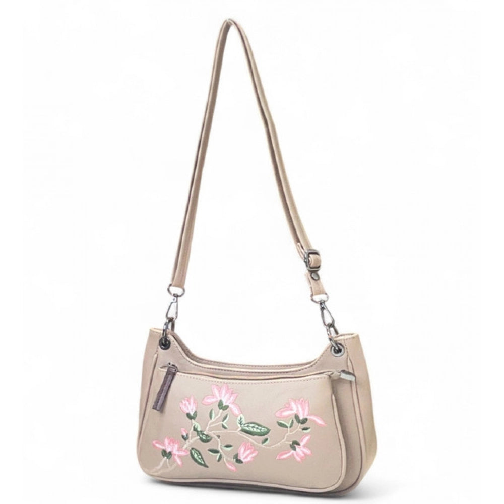 Generic Women's Polyurethane Floral Embroidered Crossbody Sling Bag with Adjustable &amp; Removable Strap (Beige)