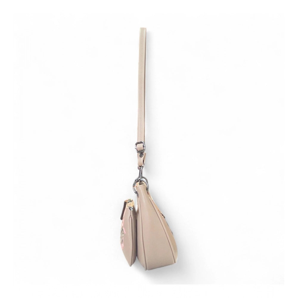 Generic Women's Polyurethane Floral Embroidered Crossbody Sling Bag with Adjustable &amp; Removable Strap (Beige)