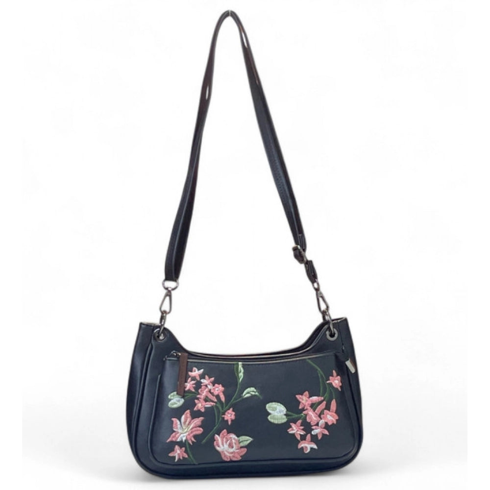 Generic Women's Polyurethane Floral Embroidered Crossbody Sling Bag with Adjustable &amp; Removable Strap (Black)