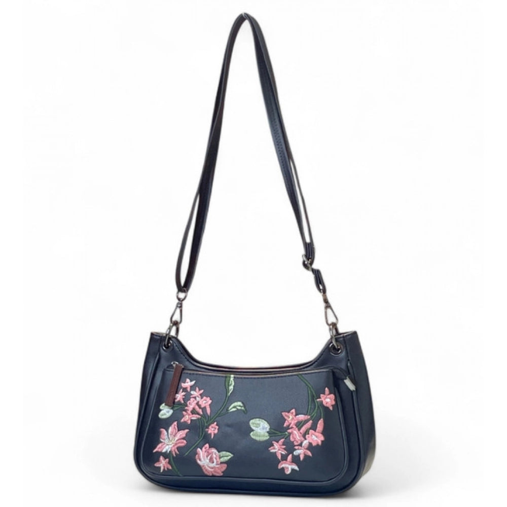 Generic Women's Polyurethane Floral Embroidered Crossbody Sling Bag with Adjustable &amp; Removable Strap (Black)