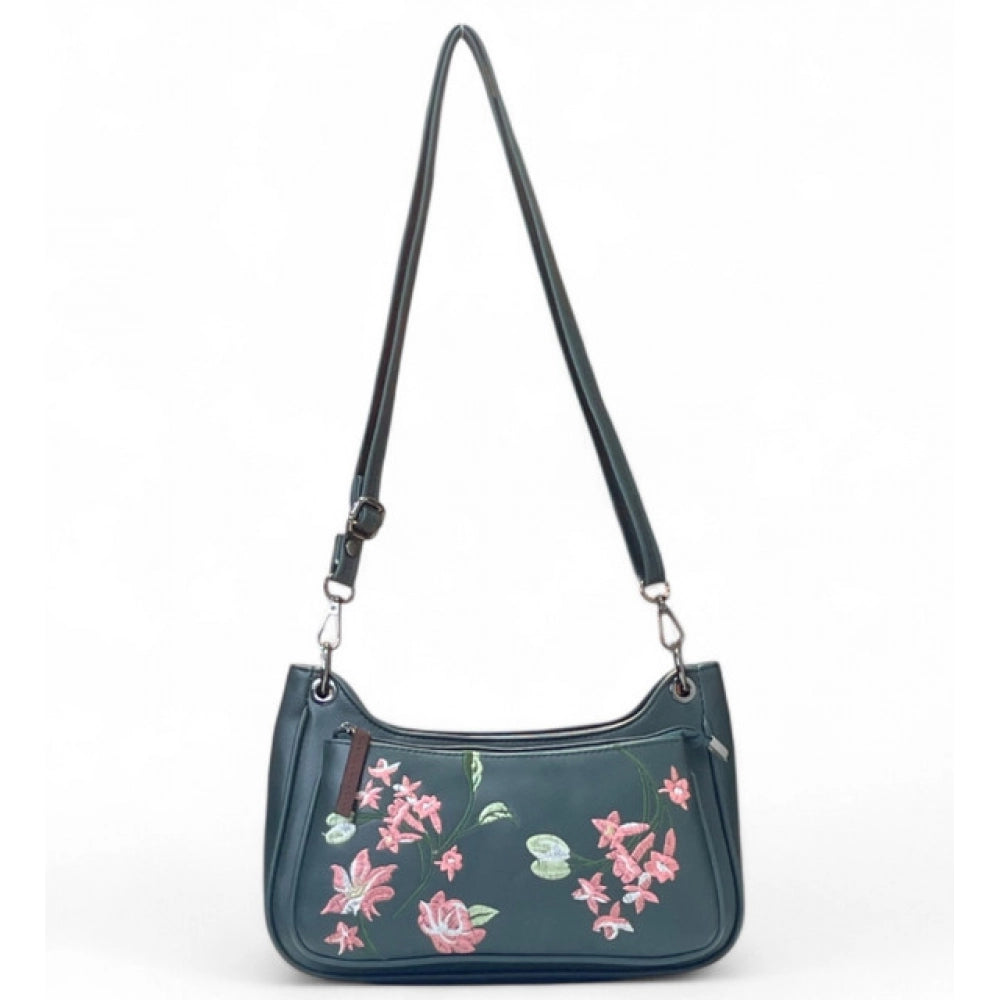 Generic Women's Polyurethane Floral Embroidered Crossbody Sling Bag with Adjustable &amp; Removable Strap (Blue)