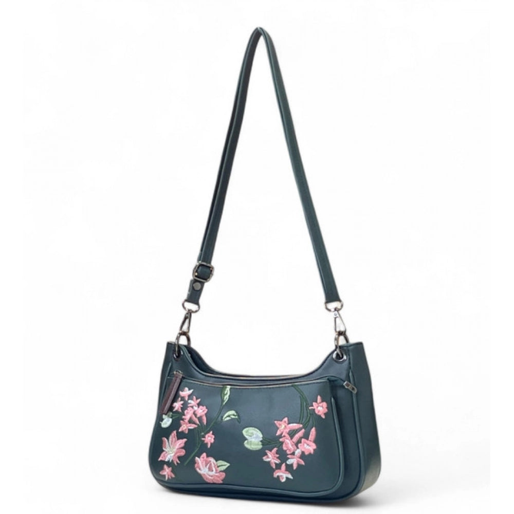 Generic Women's Polyurethane Floral Embroidered Crossbody Sling Bag with Adjustable &amp; Removable Strap (Blue)