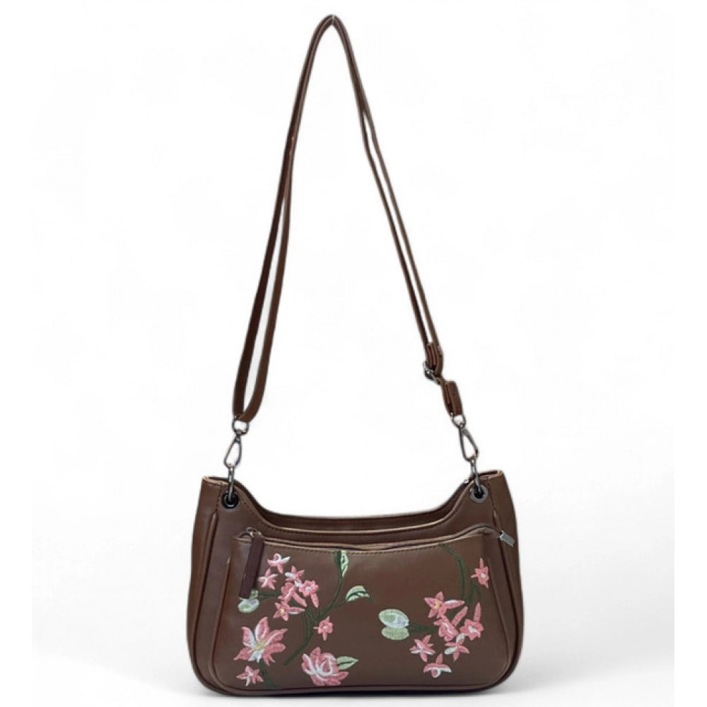 Generic Women's Polyurethane Floral Embroidered Crossbody Sling Bag with Adjustable &amp; Removable Strap (Brown)
