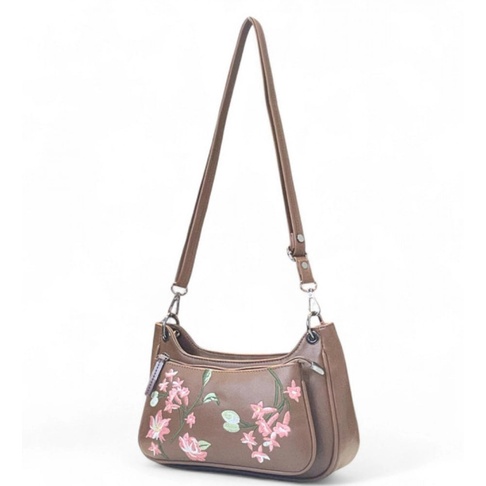 Generic Women's Polyurethane Floral Embroidered Crossbody Sling Bag with Adjustable &amp; Removable Strap (Brown)