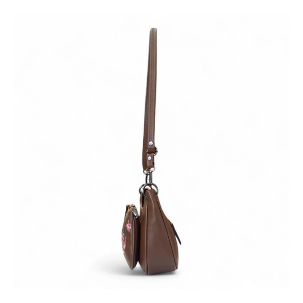 Generic Women's Polyurethane Floral Embroidered Crossbody Sling Bag with Adjustable &amp; Removable Strap (Brown)