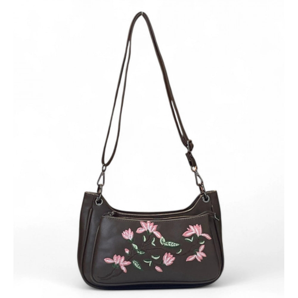 Generic Women's Polyurethane Floral Embroidered Crossbody Sling Bag with Adjustable &amp; Removable Strap (Dark Brown)