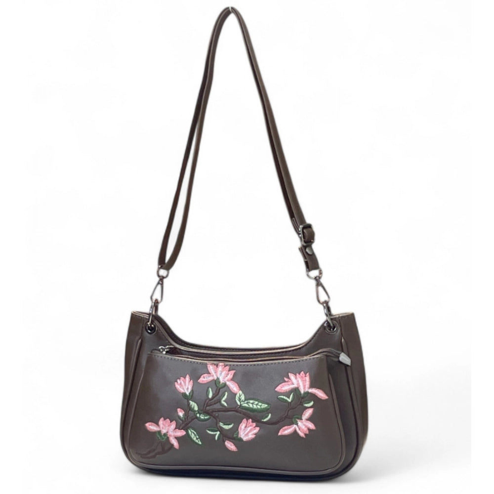 Generic Women's Polyurethane Floral Embroidered Crossbody Sling Bag with Adjustable &amp; Removable Strap (Dark Brown)
