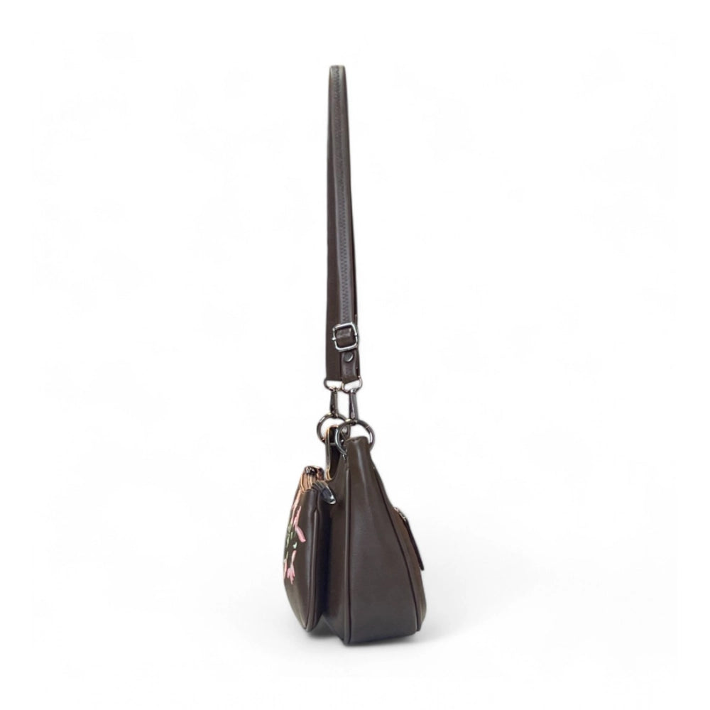 Generic Women's Polyurethane Floral Embroidered Crossbody Sling Bag with Adjustable &amp; Removable Strap (Dark Brown)