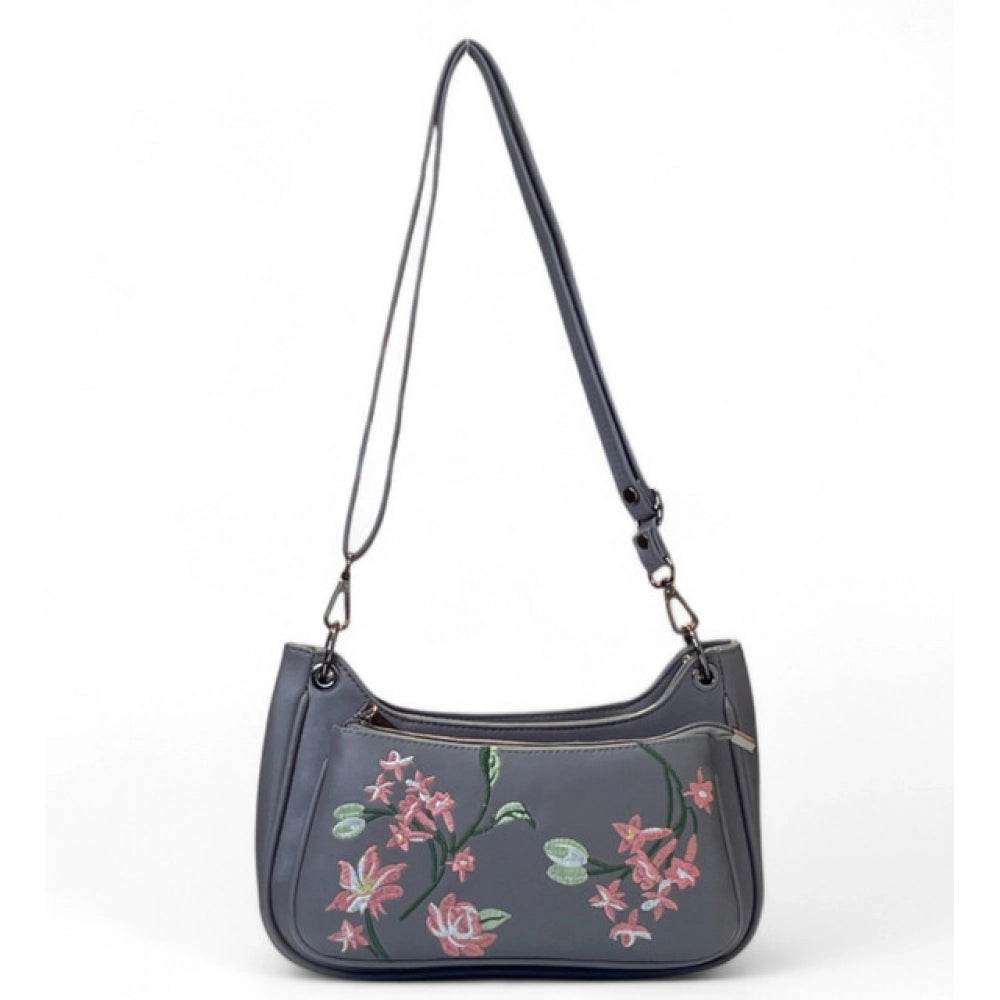 Generic Women's Polyurethane Floral Embroidered Crossbody Sling Bag with Adjustable &amp; Removable Strap (Grey)