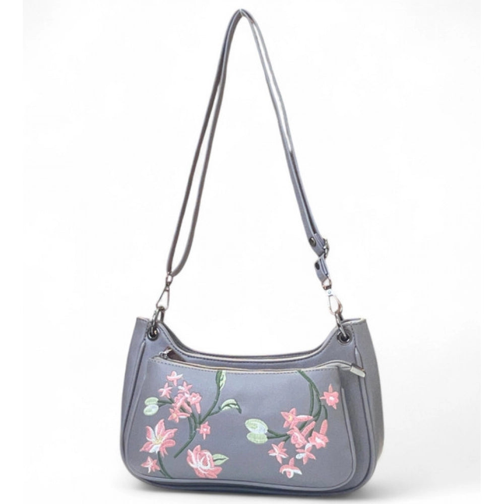 Generic Women's Polyurethane Floral Embroidered Crossbody Sling Bag with Adjustable &amp; Removable Strap (Grey)