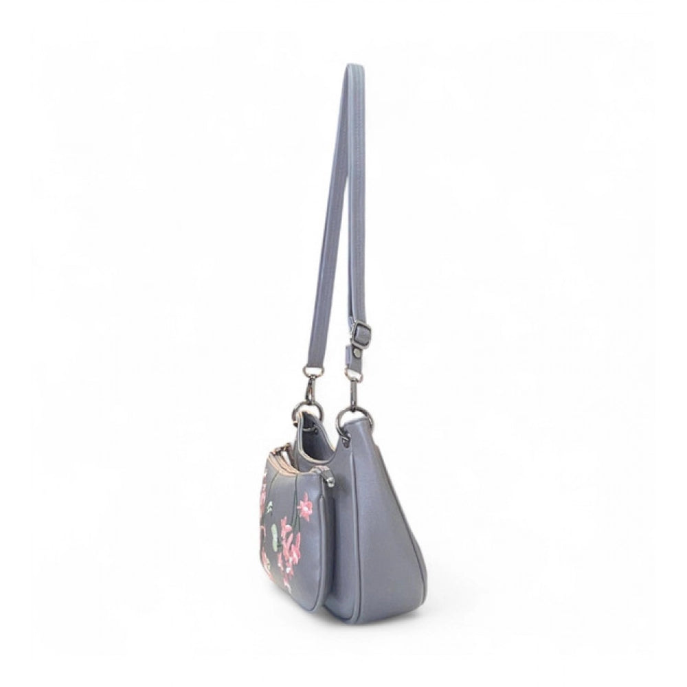 Generic Women's Polyurethane Floral Embroidered Crossbody Sling Bag with Adjustable &amp; Removable Strap (Grey)