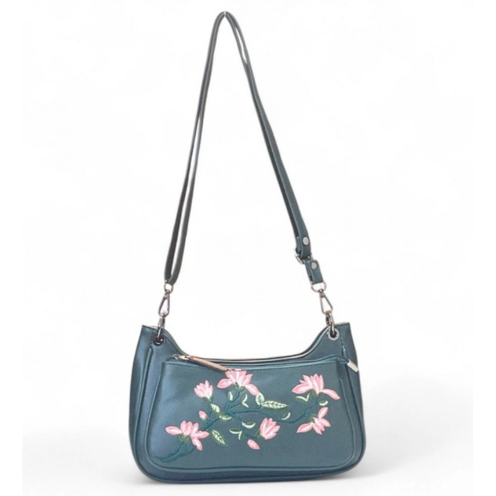 Generic Women's Polyurethane Floral Embroidered Crossbody Sling Bag with Adjustable &amp; Removable Strap (Light Blue)