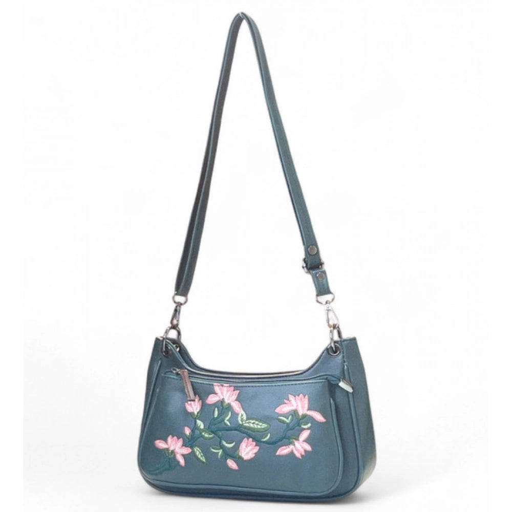 Generic Women's Polyurethane Floral Embroidered Crossbody Sling Bag with Adjustable &amp; Removable Strap (Light Blue)