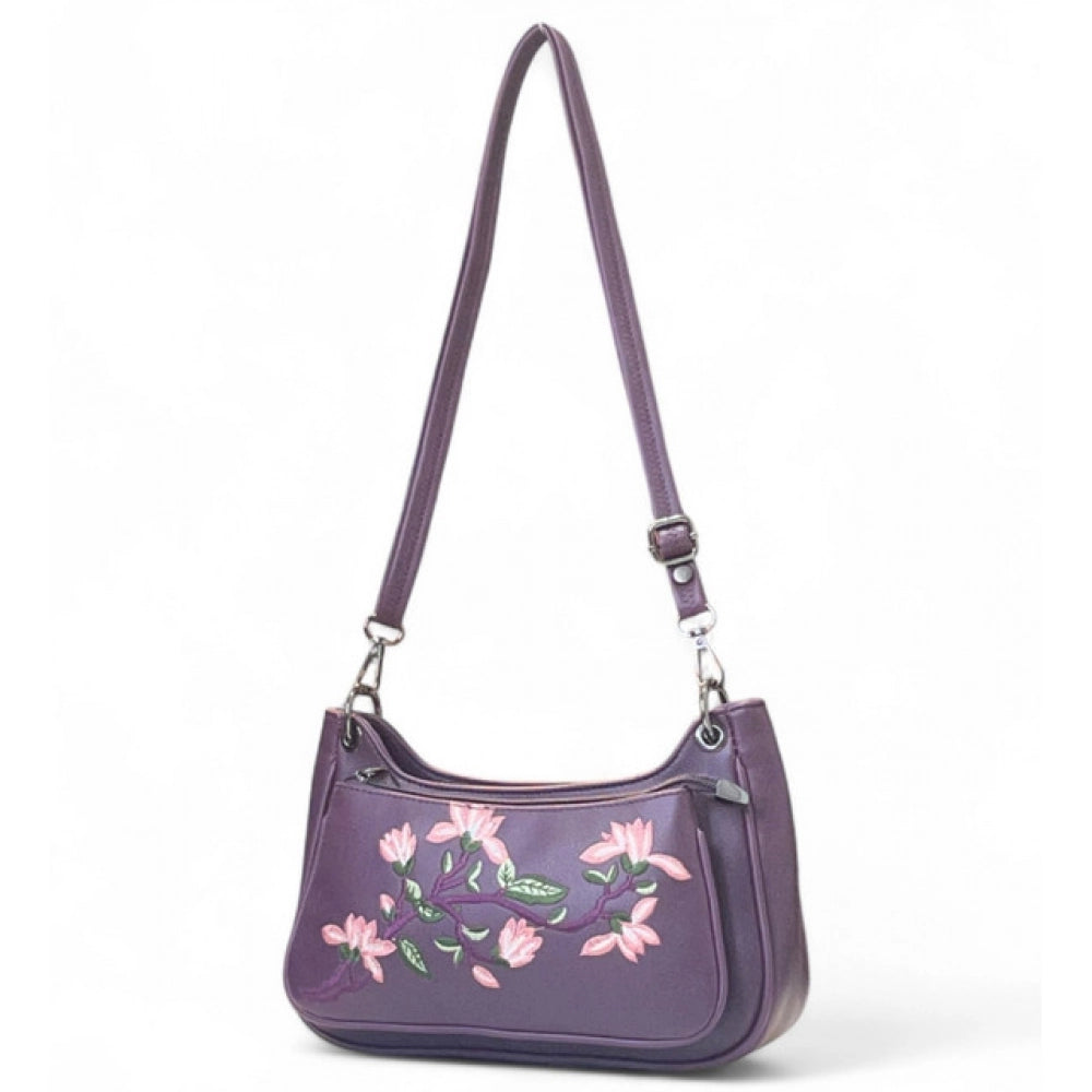 Generic Women's Polyurethane Floral Embroidered Crossbody Sling Bag with Adjustable &amp; Removable Strap (Purple)
