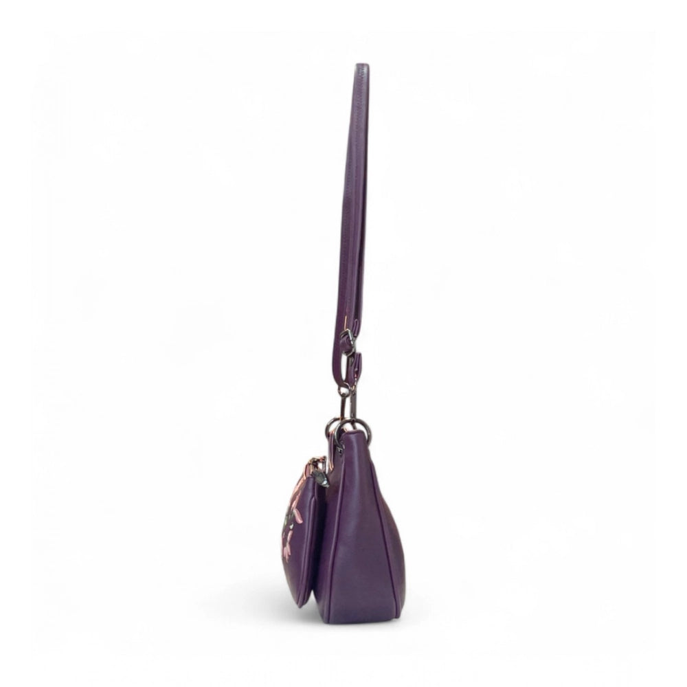 Generic Women's Polyurethane Floral Embroidered Crossbody Sling Bag with Adjustable &amp; Removable Strap (Purple)