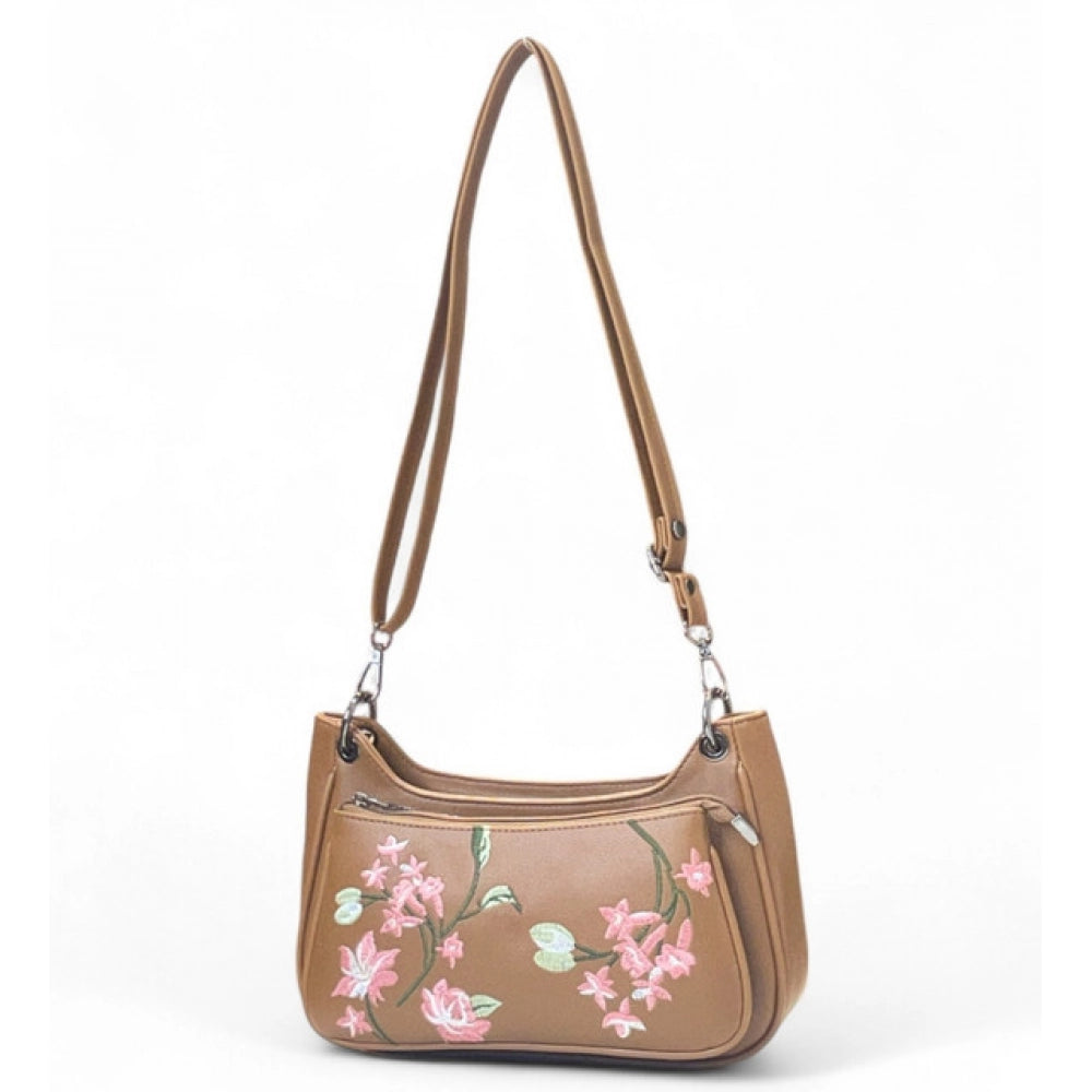 Generic Women's Polyurethane Floral Embroidered Crossbody Sling Bag with Adjustable &amp; Removable Strap (Tan)