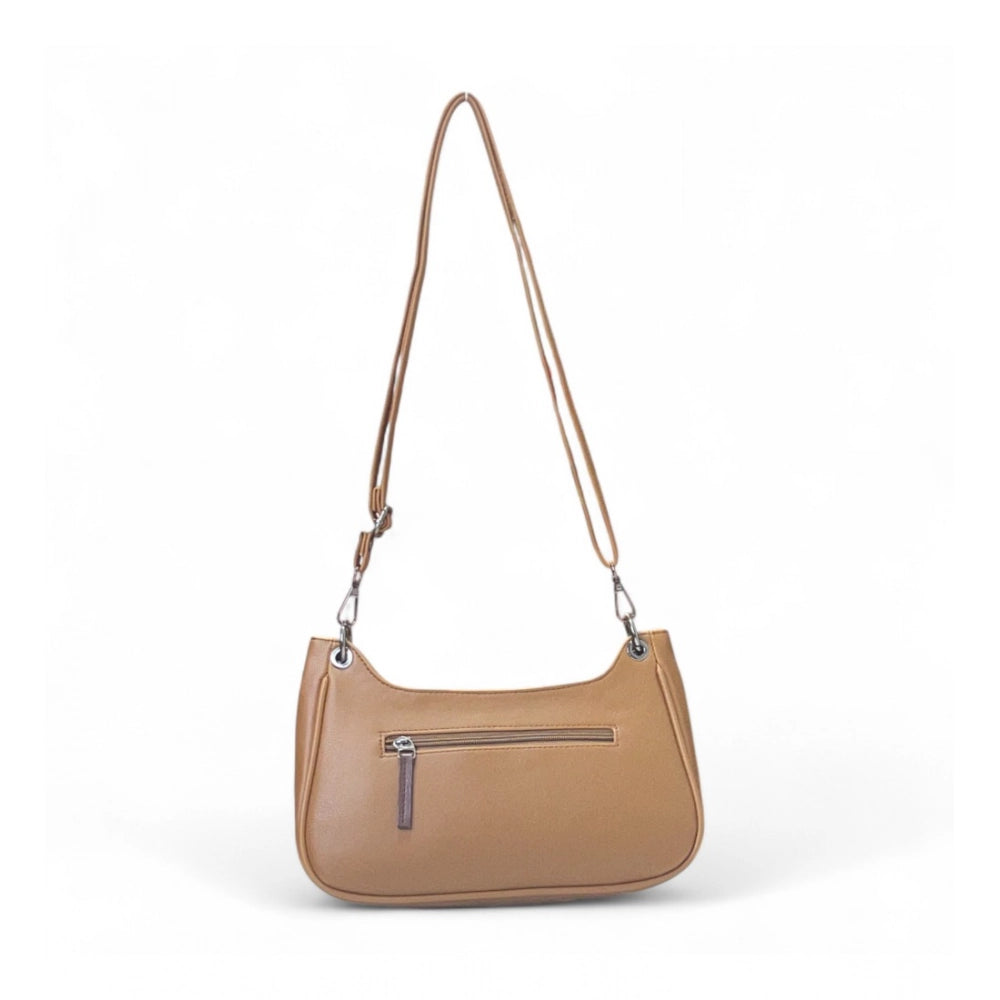 Generic Women's Polyurethane Floral Embroidered Crossbody Sling Bag with Adjustable &amp; Removable Strap (Tan)