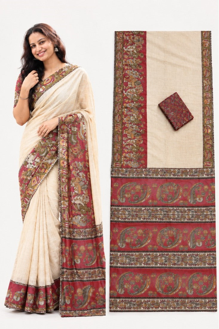 Generic Women's Linen Kalamkari Printed Saree With Unstitched Blouse - 5.5 Mtr (Beige)
