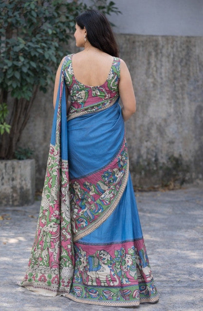 Generic Women's Linen Kalamkari Printed Saree With Unstitched Blouse - 5.5 Mtr (Blue)