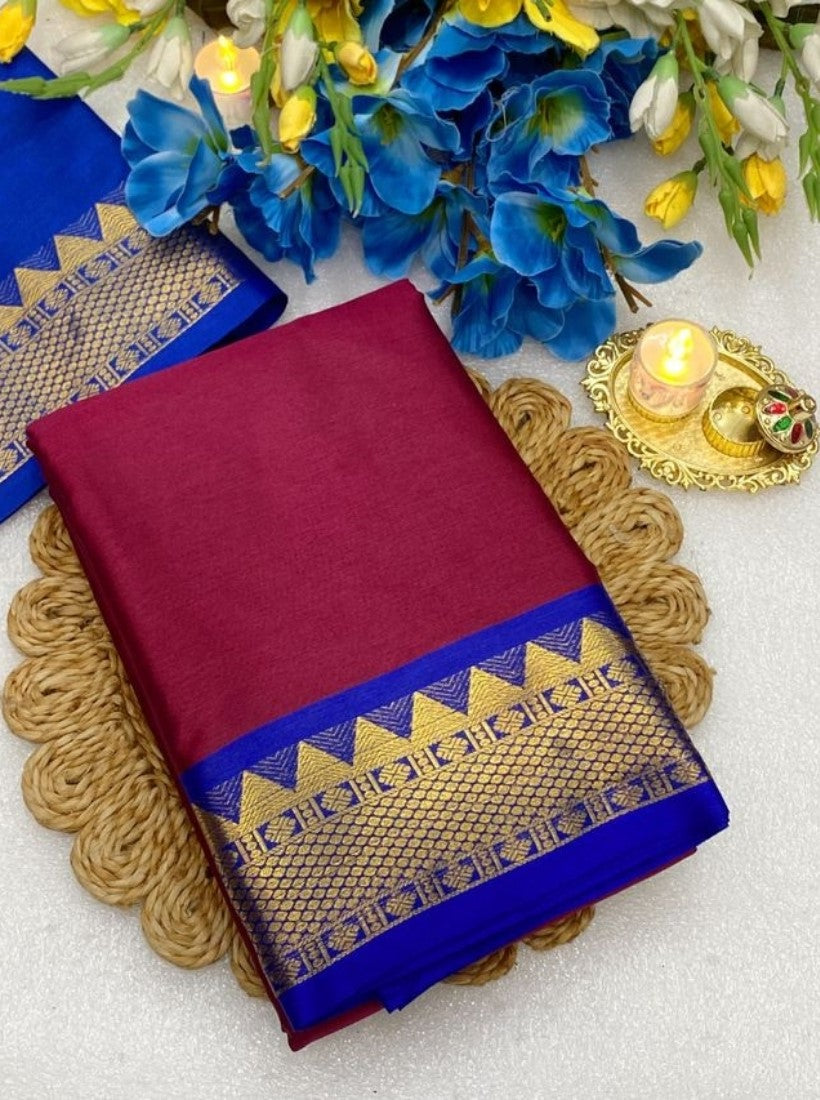 Generic Women's Cotton Silk Striped Saree With Unstitched Blouse - 5.5 Mtr (Maroon-Royal Blue)