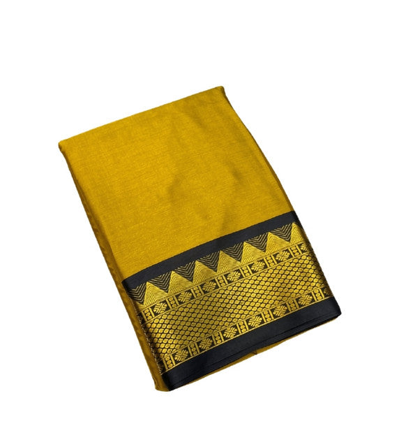 Generic Women's Cotton Silk Striped Saree With Unstitched Blouse - 5.5 Mtr (Mustard Yellow-Black)