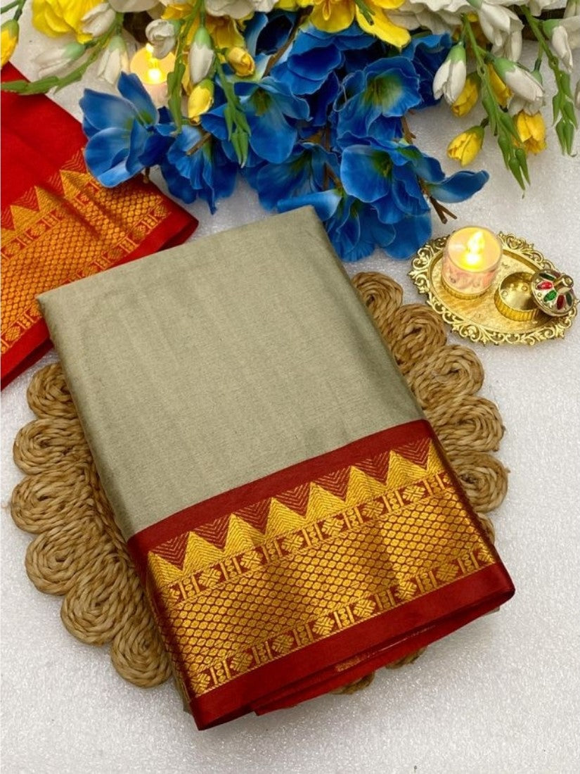 Generic Women's Cotton Silk Striped Saree With Unstitched Blouse - 5.5 Mtr (Beige-Red)