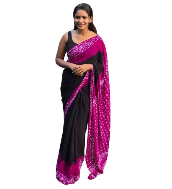 Generic Women's Linen Printed Saree With Unstitched Blouse - 5.5 Mtr (Black-Pink)