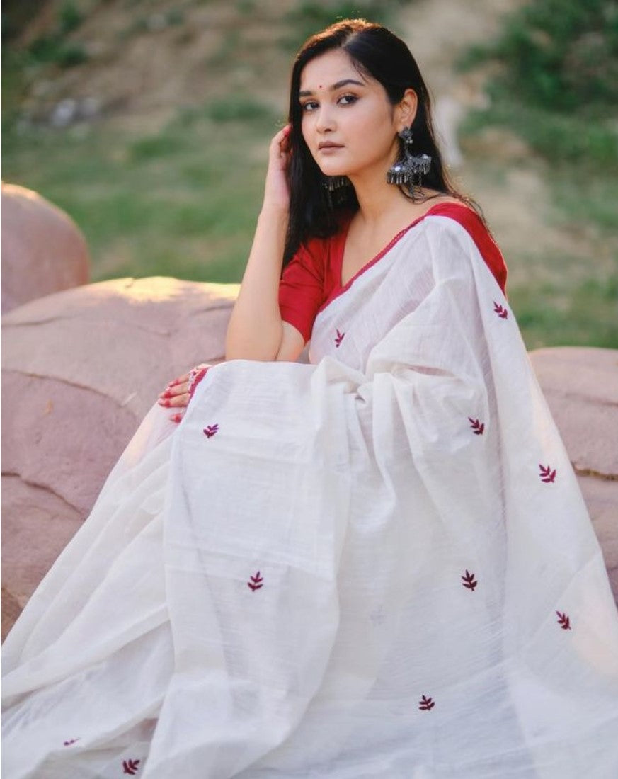 Generic Women's Linen Embroidered Saree With Unstitched Blouse - 5.5 Mtr (White-Red)
