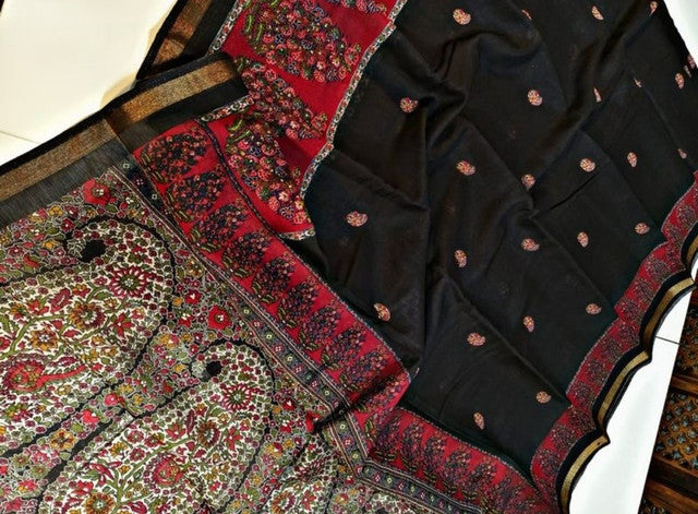 Generic Women's Linen Kalamkari Printed Saree With Unstitched Blouse - 5.5 Mtr (Black-Red)
