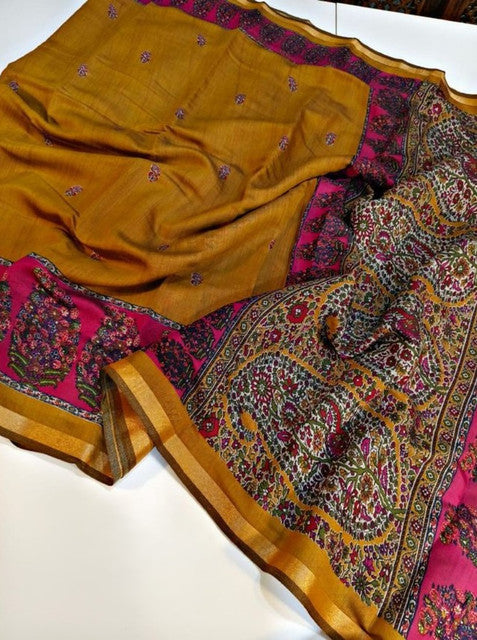 Generic Women's Linen Kalamkari Printed Saree With Unstitched Blouse - 5.5 Mtr (Mustard-Yellow-Magenta)