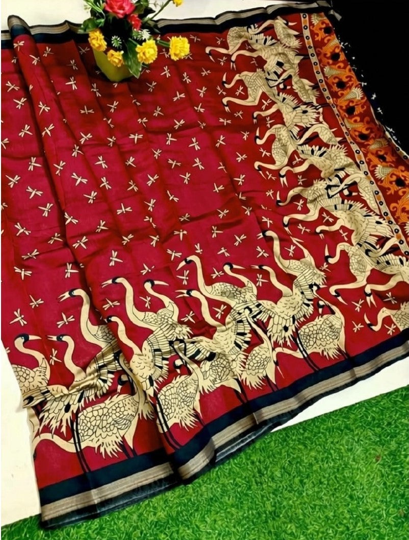 Generic Women's Linen Kalamkari Printed Saree With Unstitched Blouse - 5.5 Mtr (Red-Navy Blue)