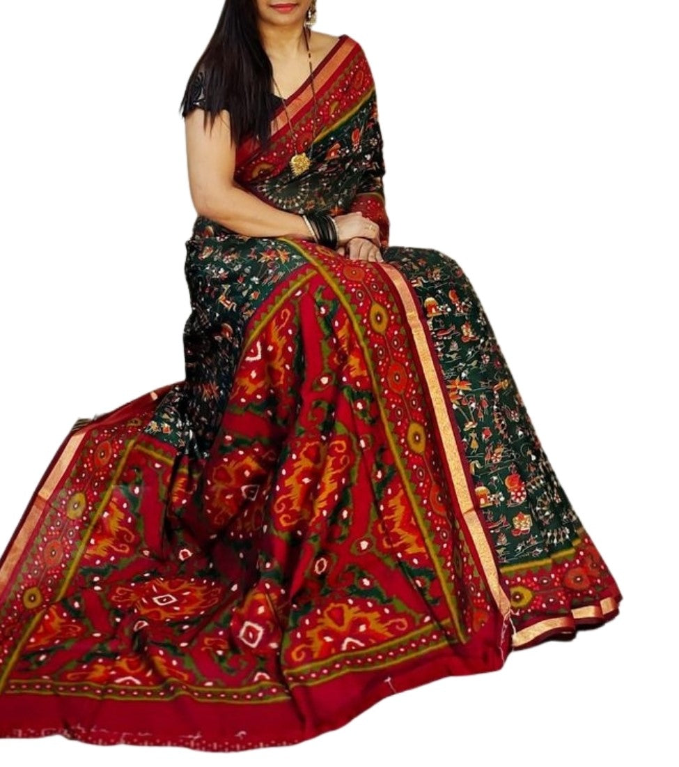 Generic Women's Linen Printed Saree With Unstitched Blouse - 5.5 Mtr (Green-Red)