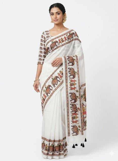 Generic Women's Linen Kalamkari Saree With Unstitched Blouse - 5.5 Mtr (White)