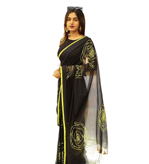 Generic Women's Linen Floral Printed Saree With Unstitched Blouse - 5.5 Mtr (Black)
