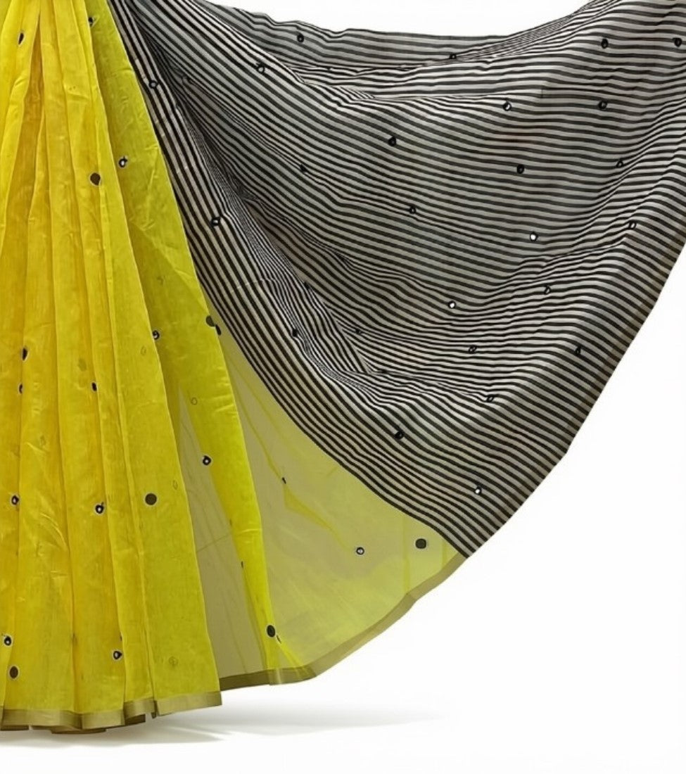 Generic Women's Linen Striped Saree With Unstitched Blouse - 5.5 Mtr (Lemon Yellow)