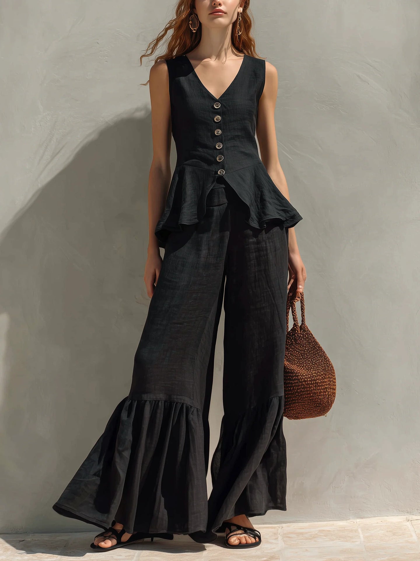 Womens V-neck Button-Down Top With Flounce Hem And Wide-Leg Linen Pants